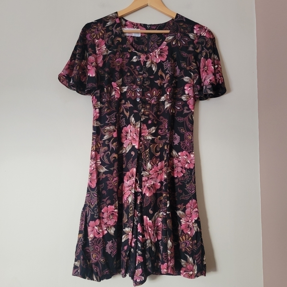 Vintage 90s Boho Rayon Tie Back Dark Romantic Floral Romper Petite Grunge
